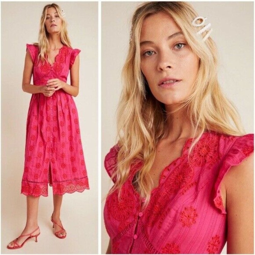 Ranna Gill Tomine Embroidered Eyelet Midi Dress XL